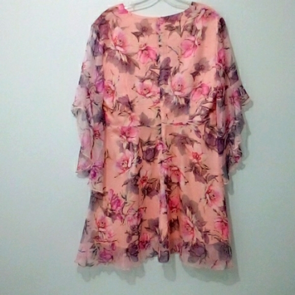 Pink floral shear overlay flutter sleeve fit flare dress - Picture 5 of 6